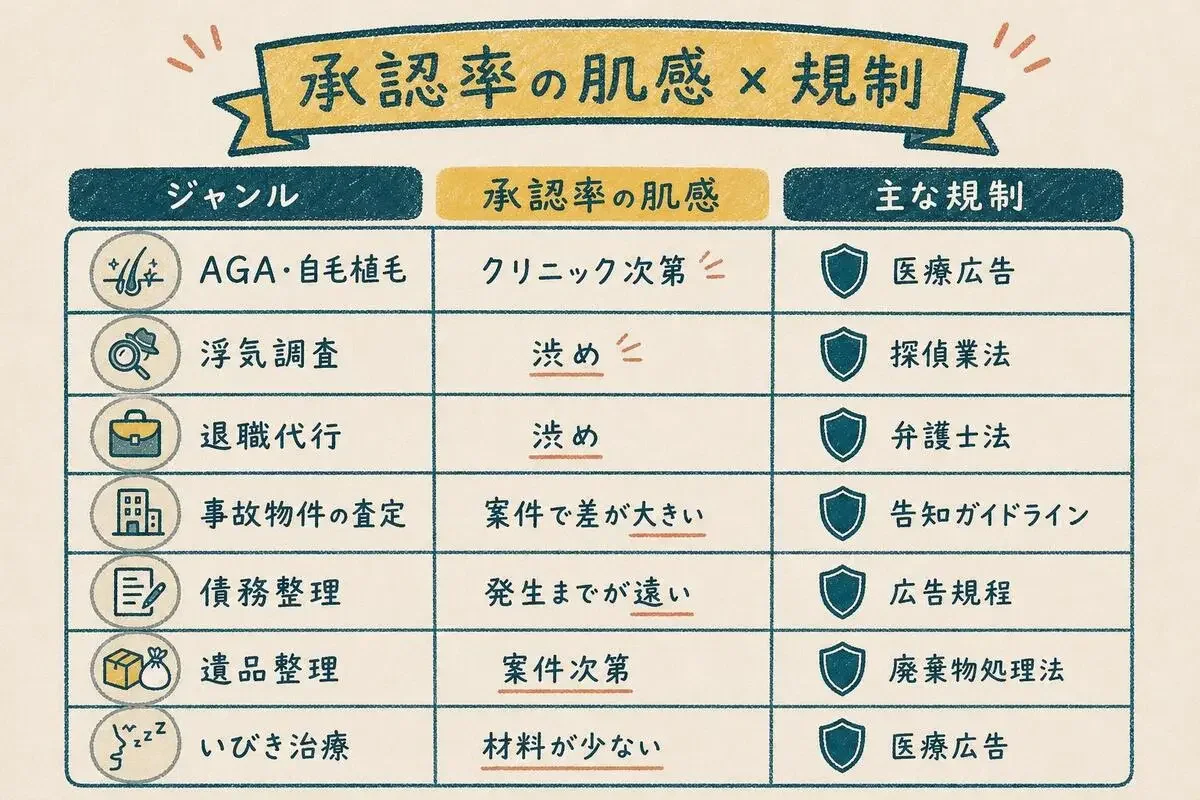 7ジャンルの成果地点と承認率の肌感、かかる規制を並べた比較ボード