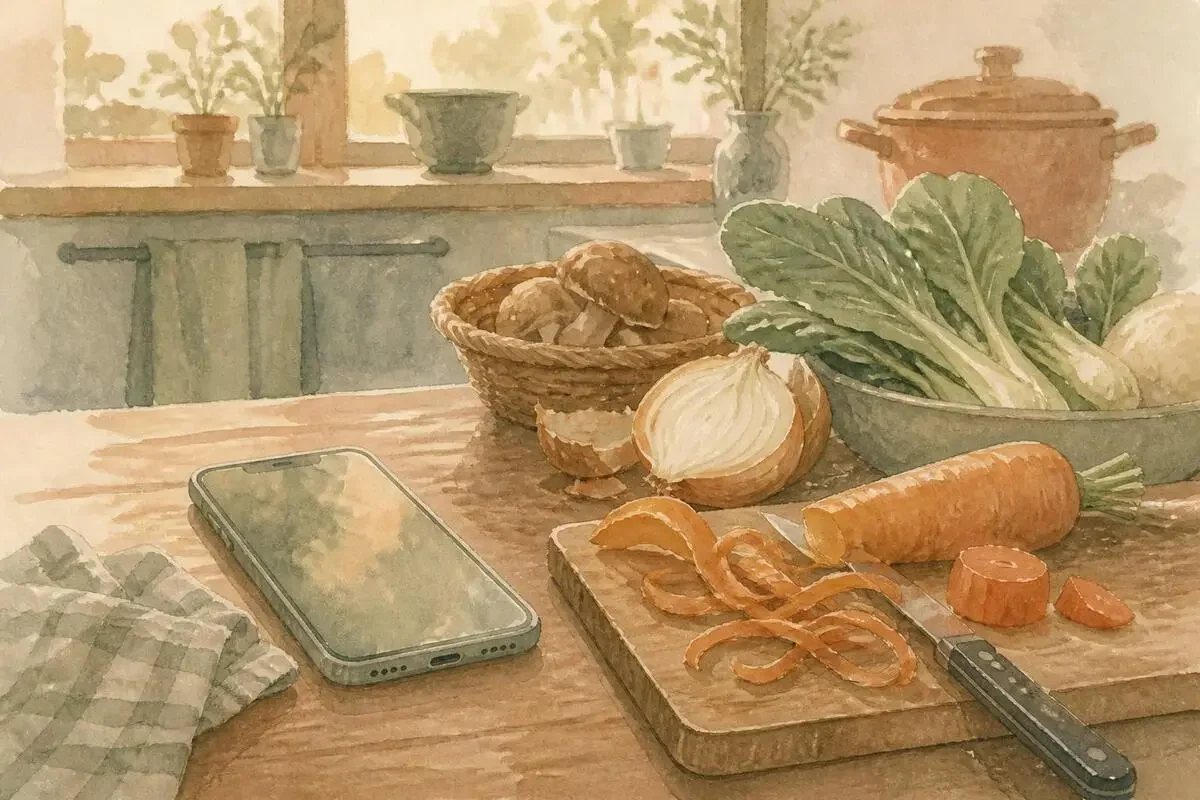 夕方の台所のテーブルに置かれたスマホと、下ごしらえ途中の野菜が並ぶ様子のイラスト