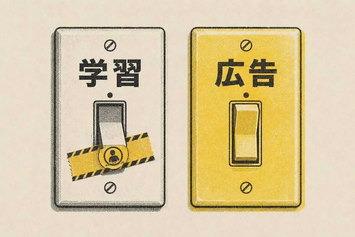 学習と広告、2つのスイッチが別々の板に付いている図。片方を切っても、もう片方はそのまま残る