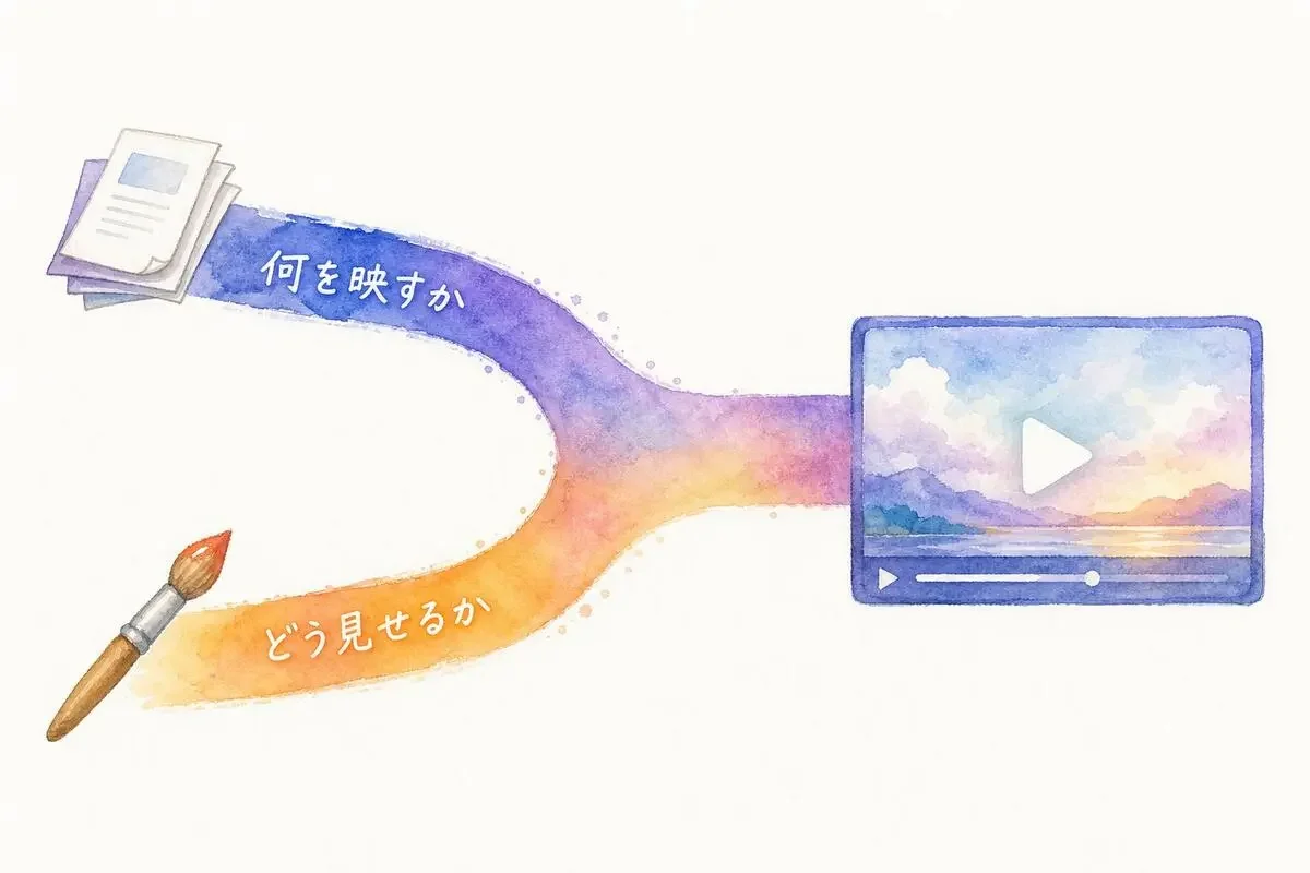 資料の文字情報と、色や動きの指示書が、それぞれ別の入り口から動画に流れ込む構造を水彩で描いた図