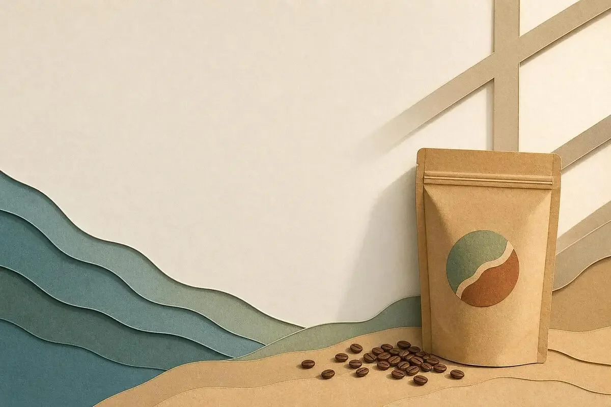 スタイル参照だけを切り絵に替えたときに目指す仕上がりの方向を示す作例イメージ。同じ配置のまま、コーヒー豆パッケージが紙を重ねた切り絵のタッチで描かれている