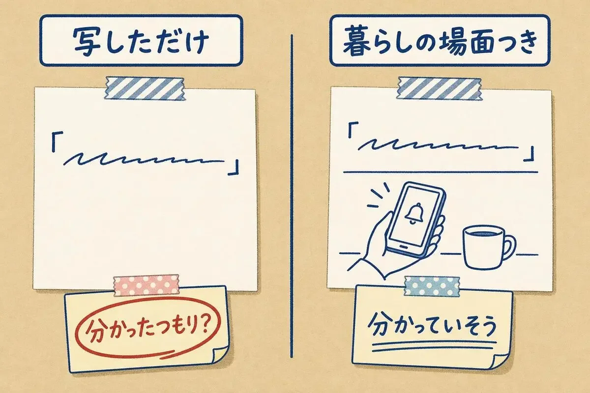 本から写しただけのメモと、自分の暮らしの場面を書き添えたメモの違い