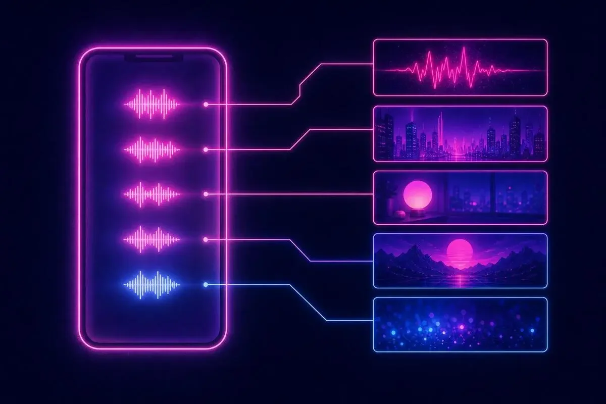 スマホ縦画面の中に5本の短い音波ブロックが積まれ、それぞれが映像のコマと線でつながる図解イラスト