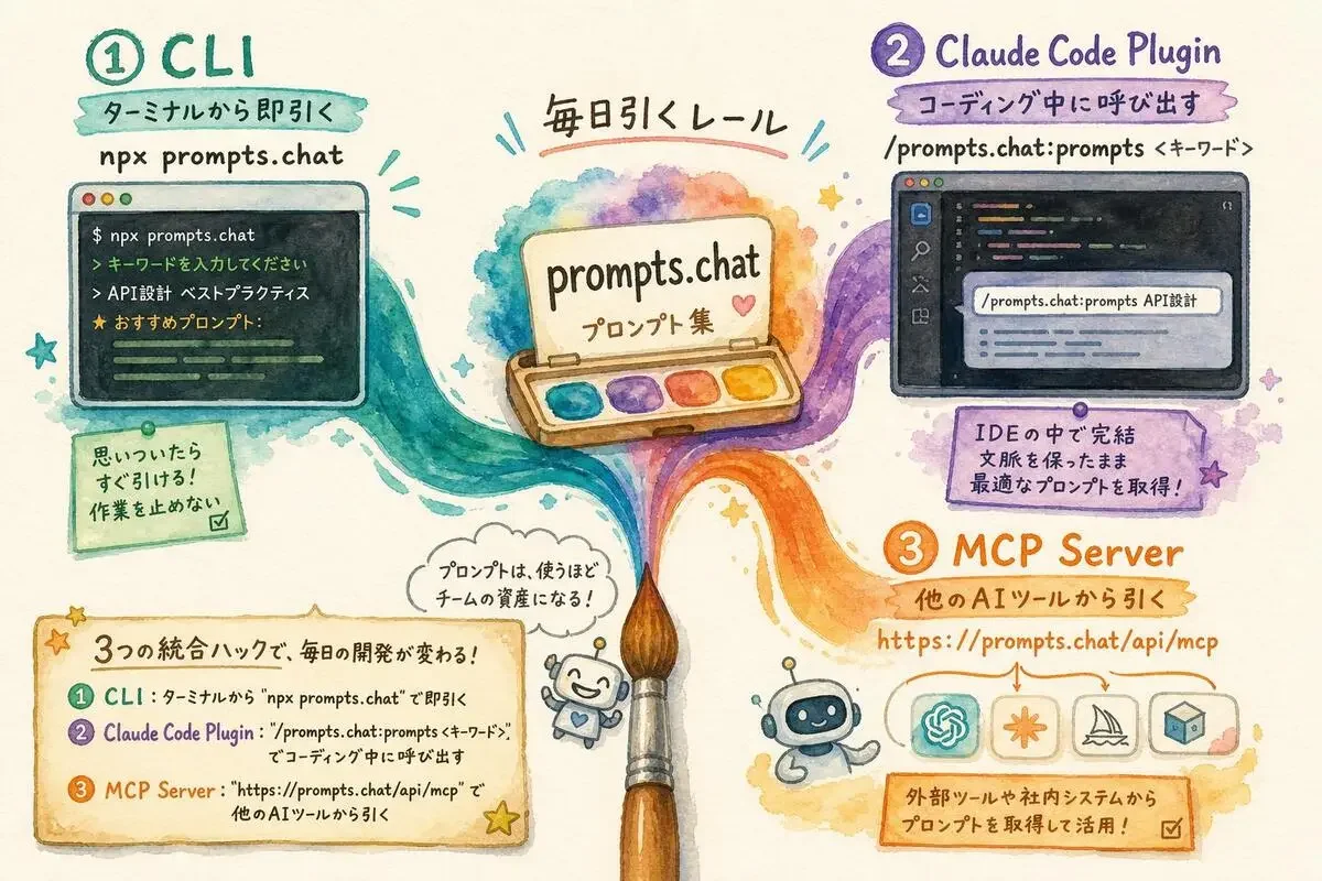 prompts.chatをCLI・Claude Code Plugin・MCP Serverの3つの経路で日常ワークフローに繋げる水彩図解