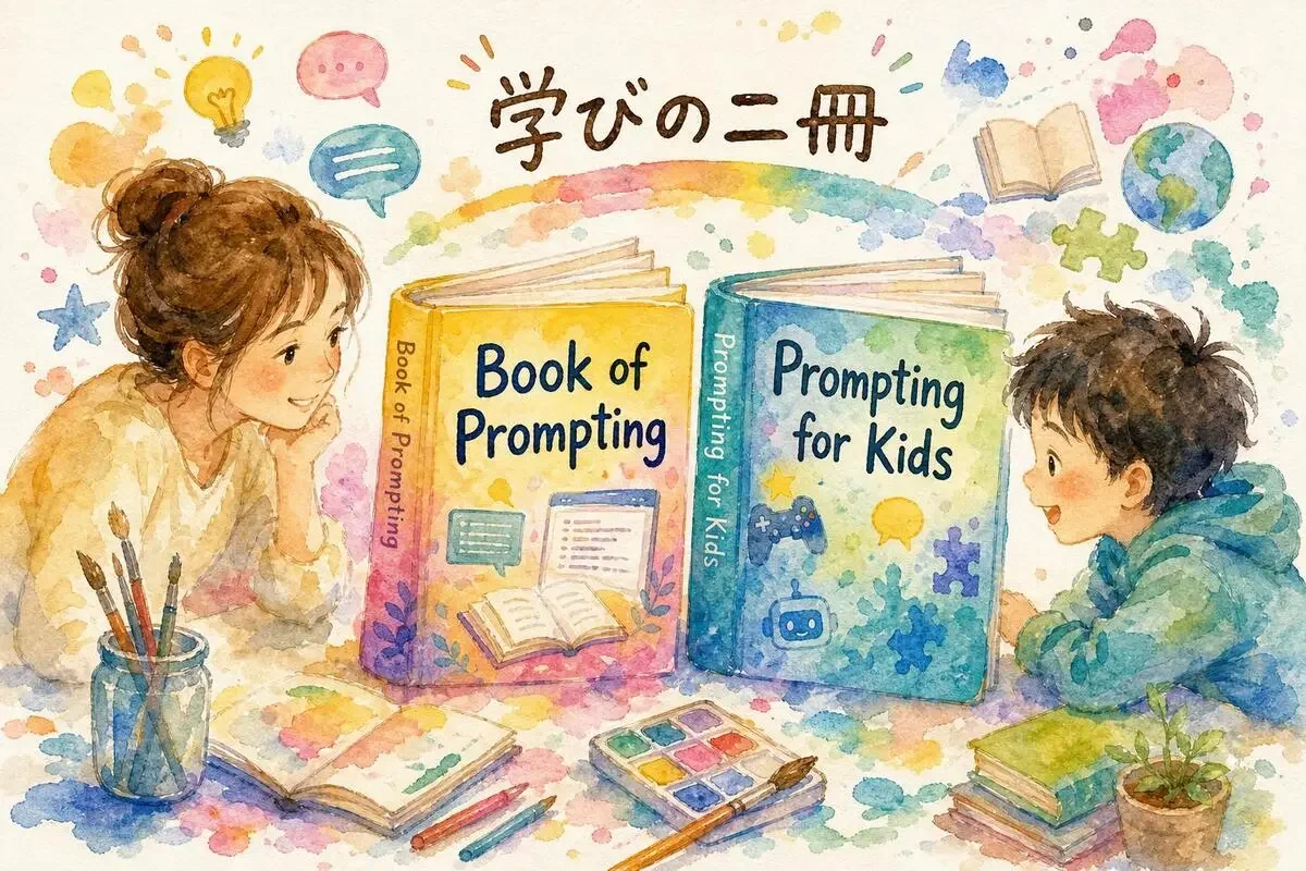Book of PromptingとPrompting for Kidsという2冊の学習コンテンツを表現した水彩の絵本イラスト