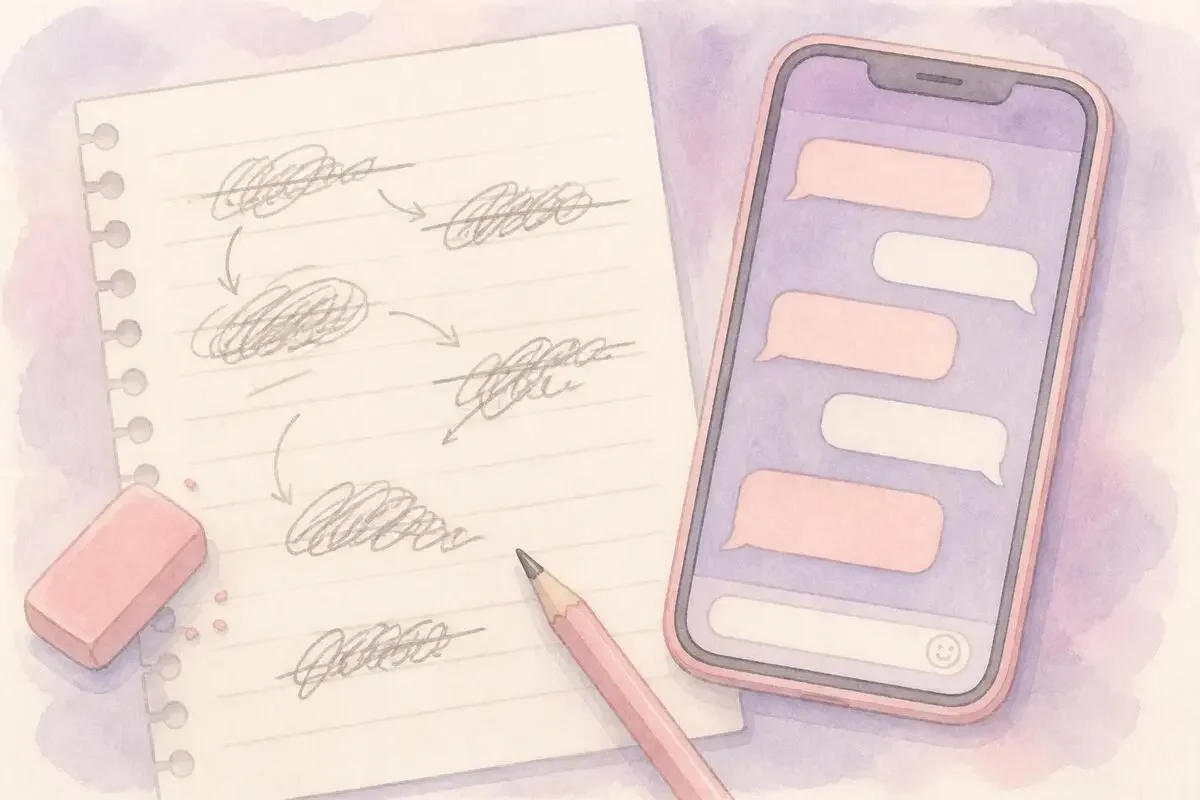 便箋に書かれた下書きと、その隣に置かれたスマホの吹き出しを描いた手描き風のイラスト