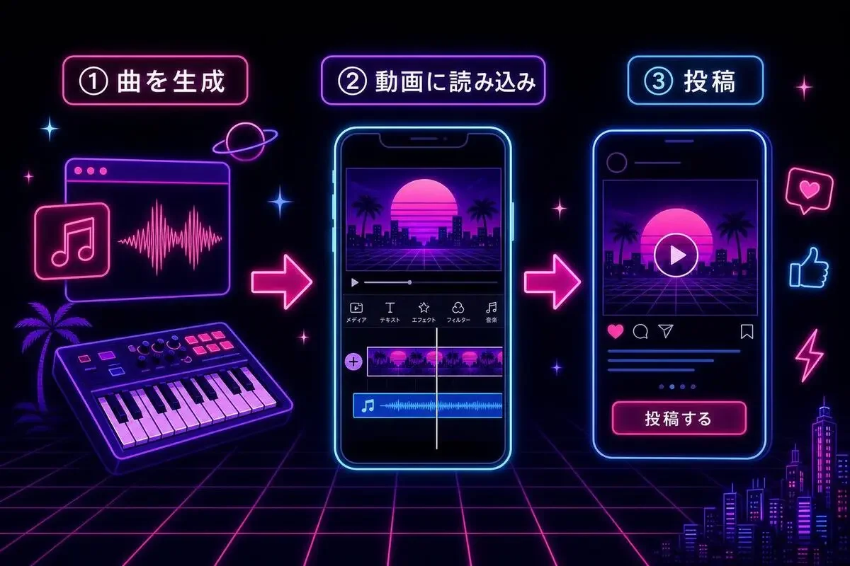 生成した曲をスマホの動画編集アプリに読み込んで投稿するまでの流れ