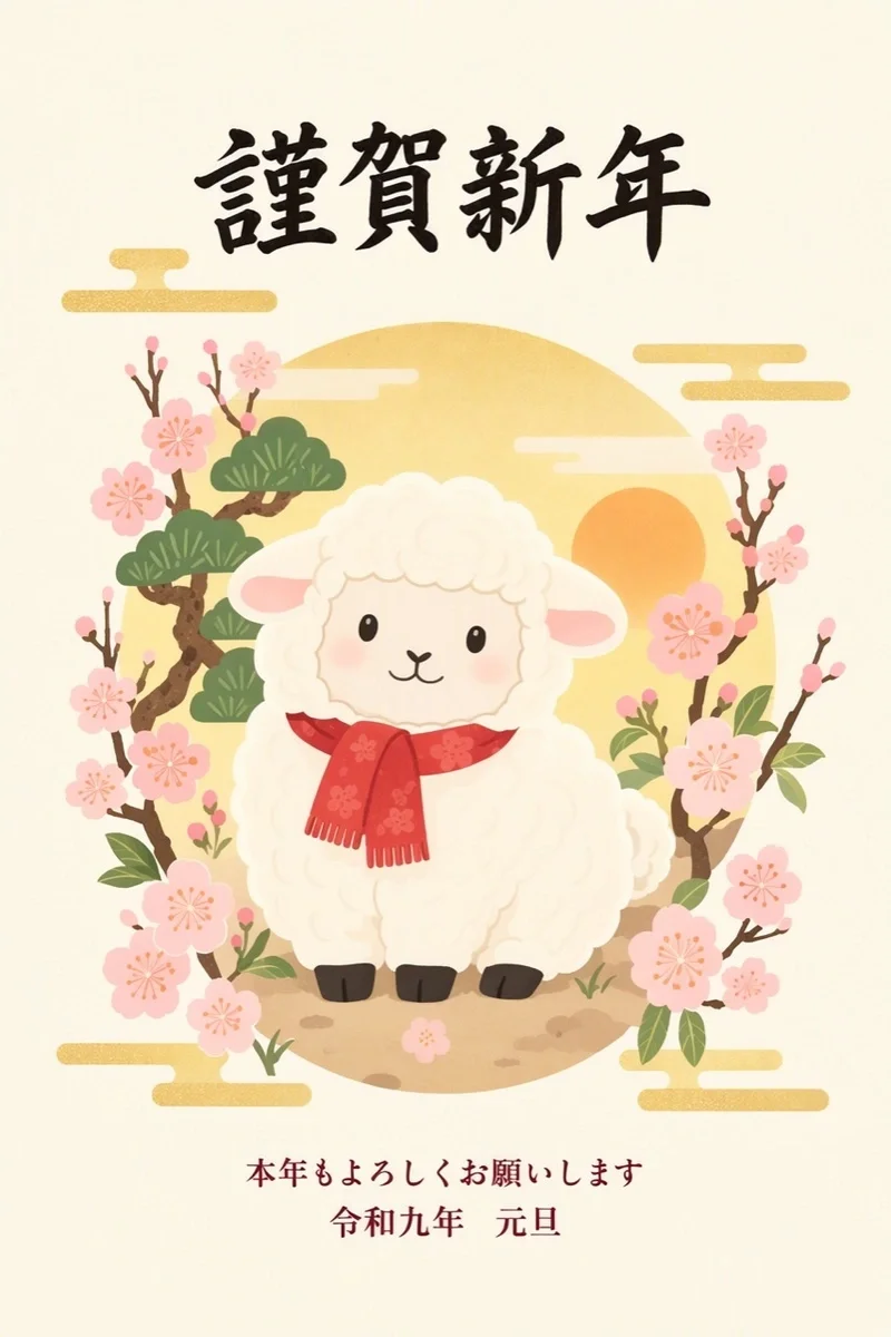 赤いマフラーの白い羊が梅と松の間に座り、後ろに日の出が描かれた年賀状。上部中央に毛筆風の「謹賀新年」、羊の下に「本年もよろしくお願いします」「令和九年 元旦」の文字