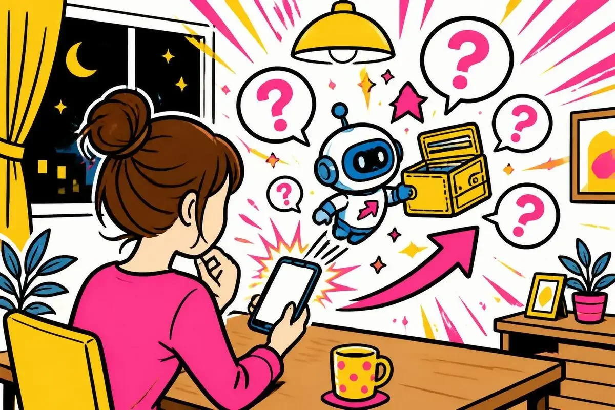 財布を持ったAIエージェントを、スマホ越しに首をかしげて見ている女性のイラスト