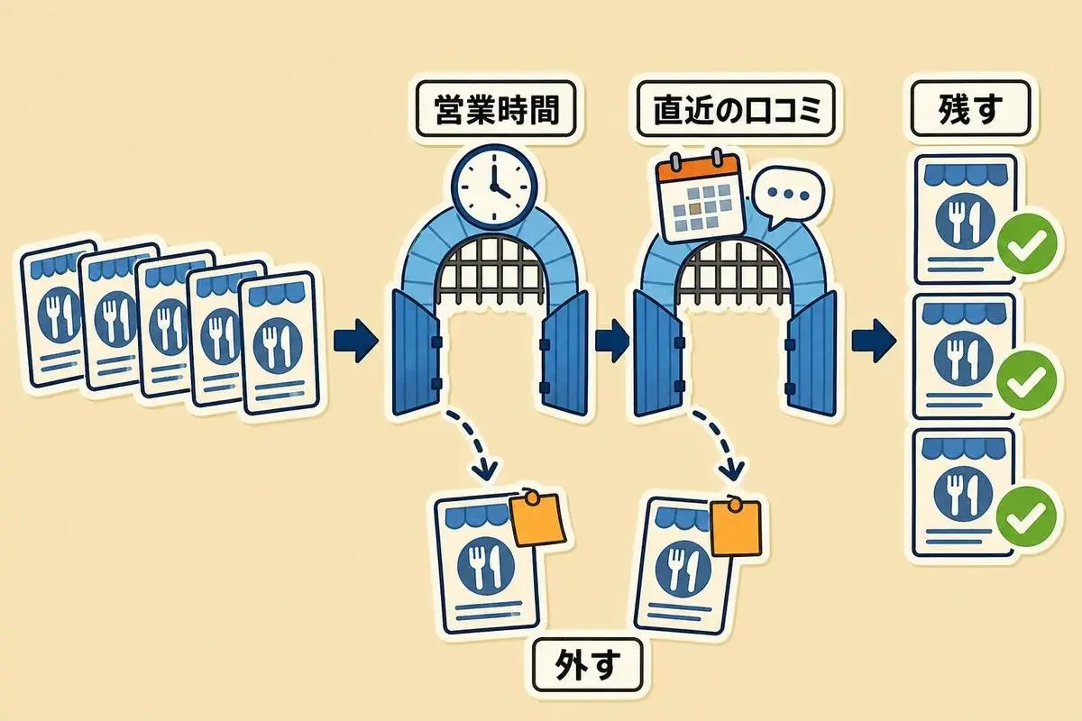 候補の店が営業時間と直近の口コミの2つの関門を通り、両方そろった店だけが残る様子