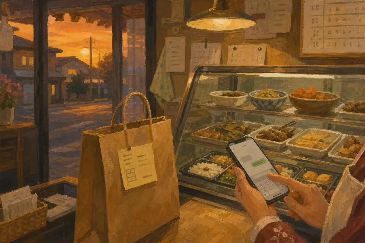 夕方の惣菜のショーケースの横で、スタッフに確認の一文を送るスマホを持つ手