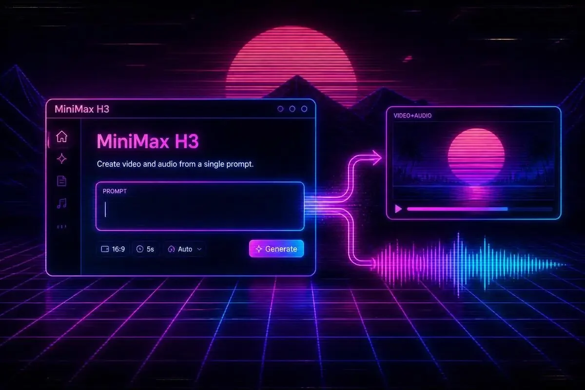 MiniMax H3のプロンプト画面を開いて、映像と音が同時に生まれる瞬間を待つ手元