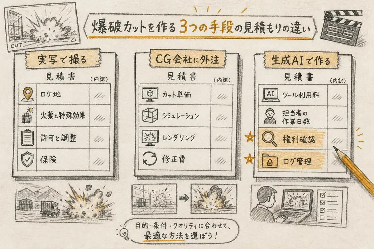 実写で撮る、CG会社に外注、生成AIで作るの3つの手段で、見積書に乗る費目を並べて比べた図。生成AIの見積書には権利確認とログ管理の行が新しく加わる