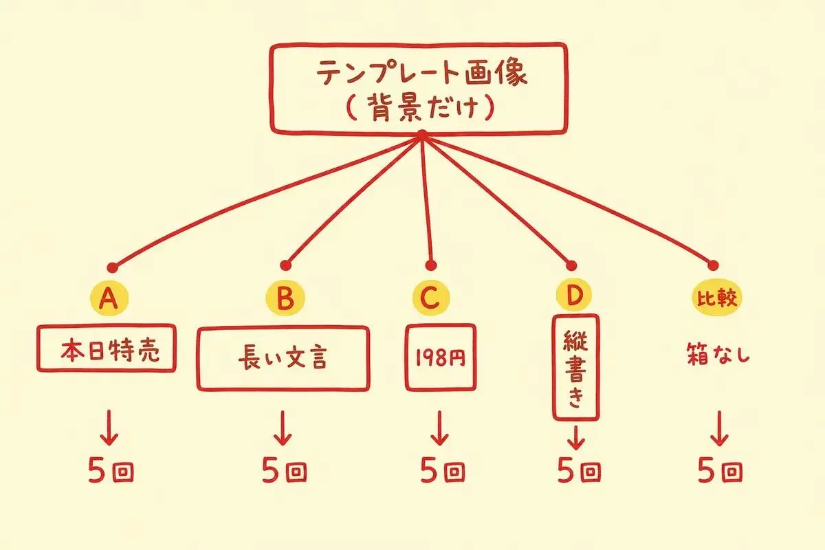 背景だけのテンプレート画像に文字用の箱を置き、文言と箱の形を変えて比べるテスト設計を示した図解