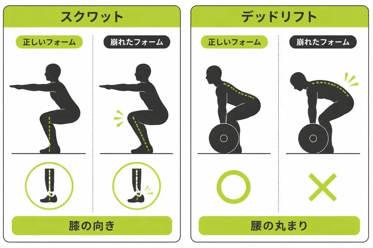 スクワットで膝が内側に入る崩れとデッドリフトで腰が丸まる崩れを並べたイラスト