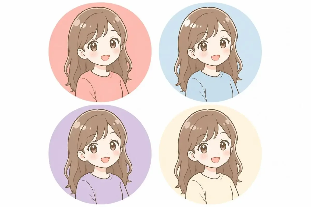 同じ顔のキャラクターを背景色と服だけ変えて4枚並べたSNSアイコンのバリエーション