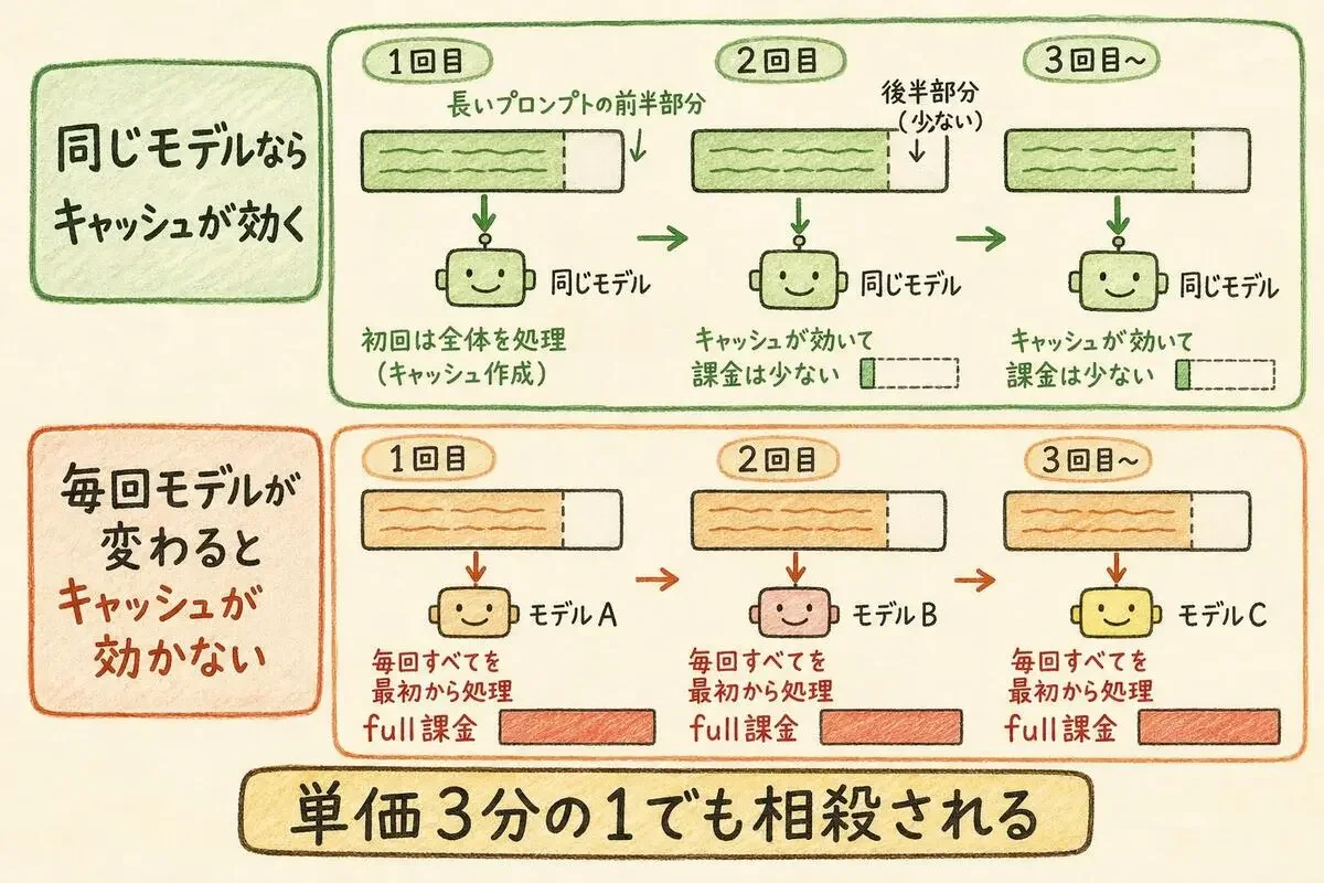 同じモデルならキャッシュが効いて課金が少なく済むのに対し、毎回モデルが変わるとキャッシュが効かず毎回full課金になることを示した対比図