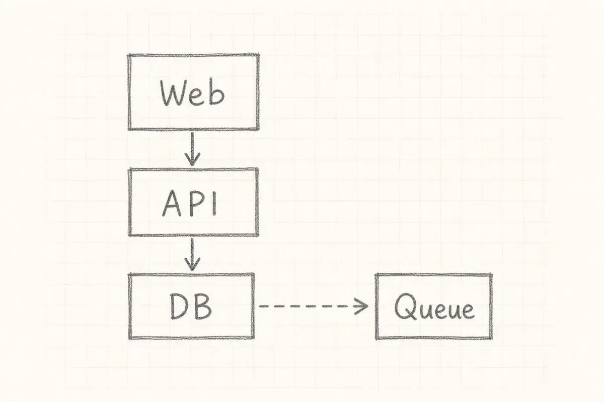 方眼紙に鉛筆で描いた、Web、API、DB、Queueの4つの箱の構成図。DBの箱が、APIの下からQueueの右へ点線の矢印で移されている手描きの図解
