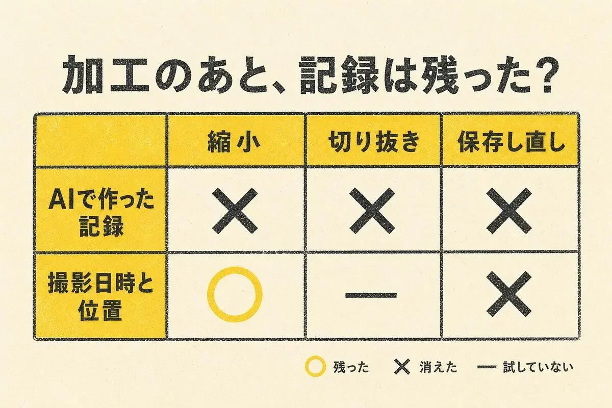 縮小、切り抜き、保存し直しのあとに、AIで作った記録と撮影日時・位置が残ったかを示す表。AIで作った記録は3つとも消え、撮影日時と位置は縮小では残り、保存し直しで消えた。切り抜きは試していない