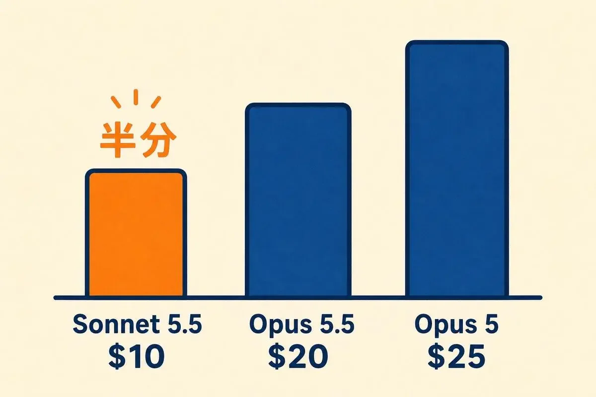 100万トークンあたりの出力単価の比較。Sonnet 5.5は10ドルでOpus 5.5の20ドルのちょうど半分、Opus 5は25ドル