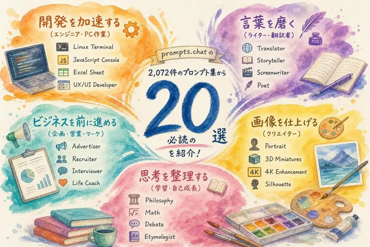 prompts.chatの2,072件から厳選した必読20選を5つのカテゴリに分けた水彩イラスト