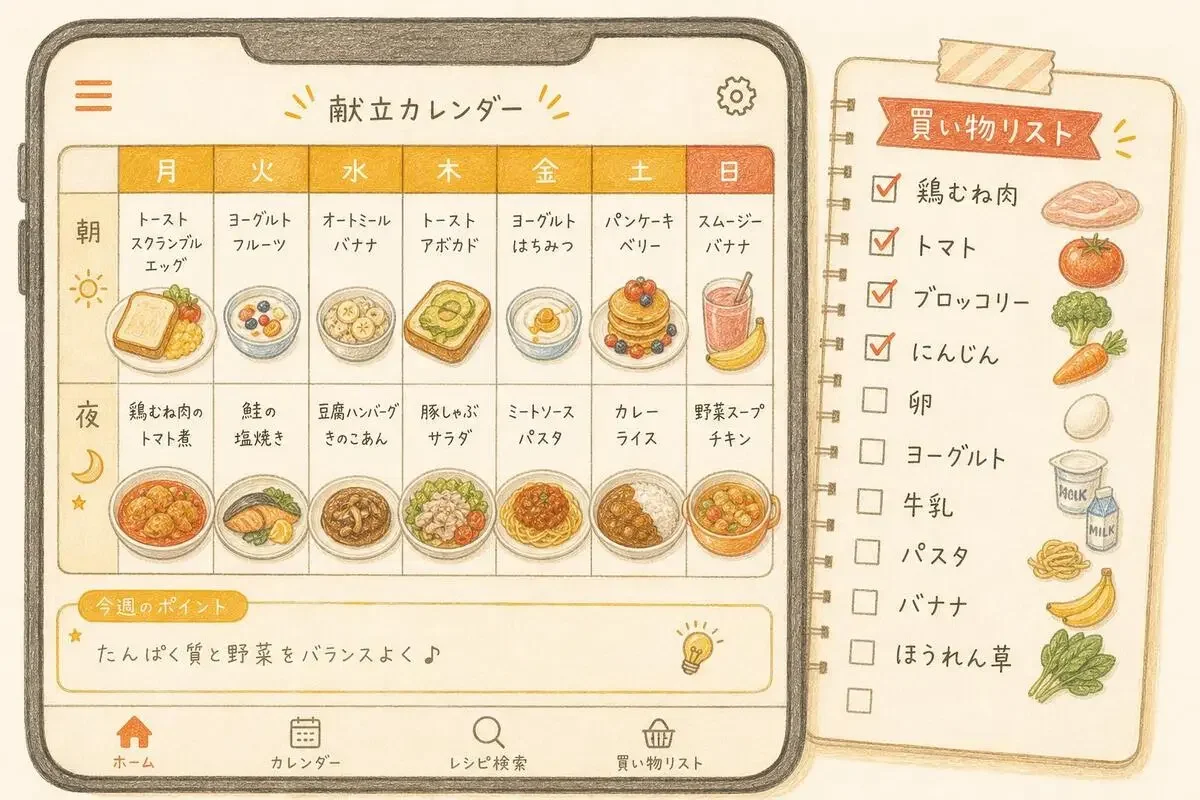 FoodiePrepの献立カレンダーと買い物リストのイメージ画面