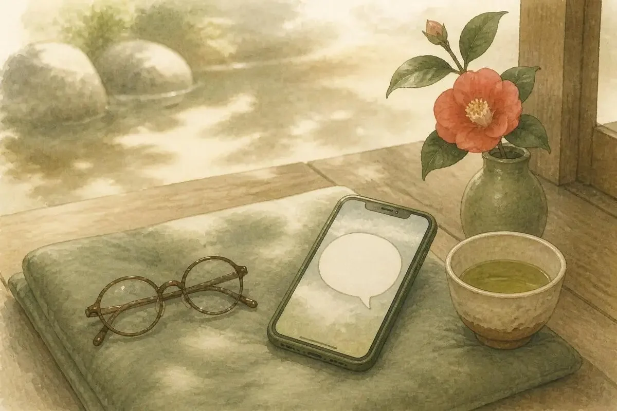縁側の座布団に置かれたスマホと湯のみ、老眼鏡。午後の光のなかで、スマホが話し相手を待っている様子