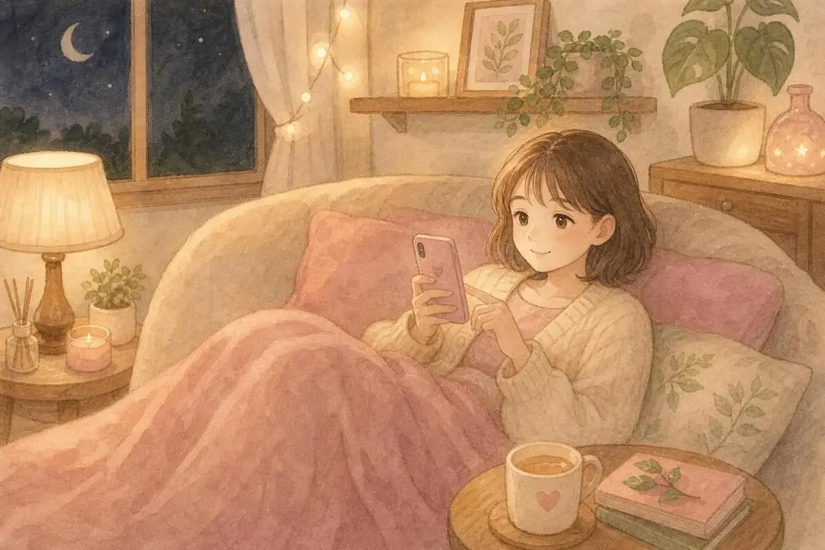 夜の部屋でスマホを見ながらくつろいでいるイメージ