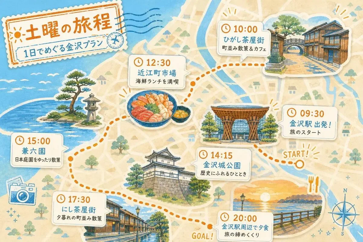 15分で完成した土曜の時間割と金沢の移動ルート