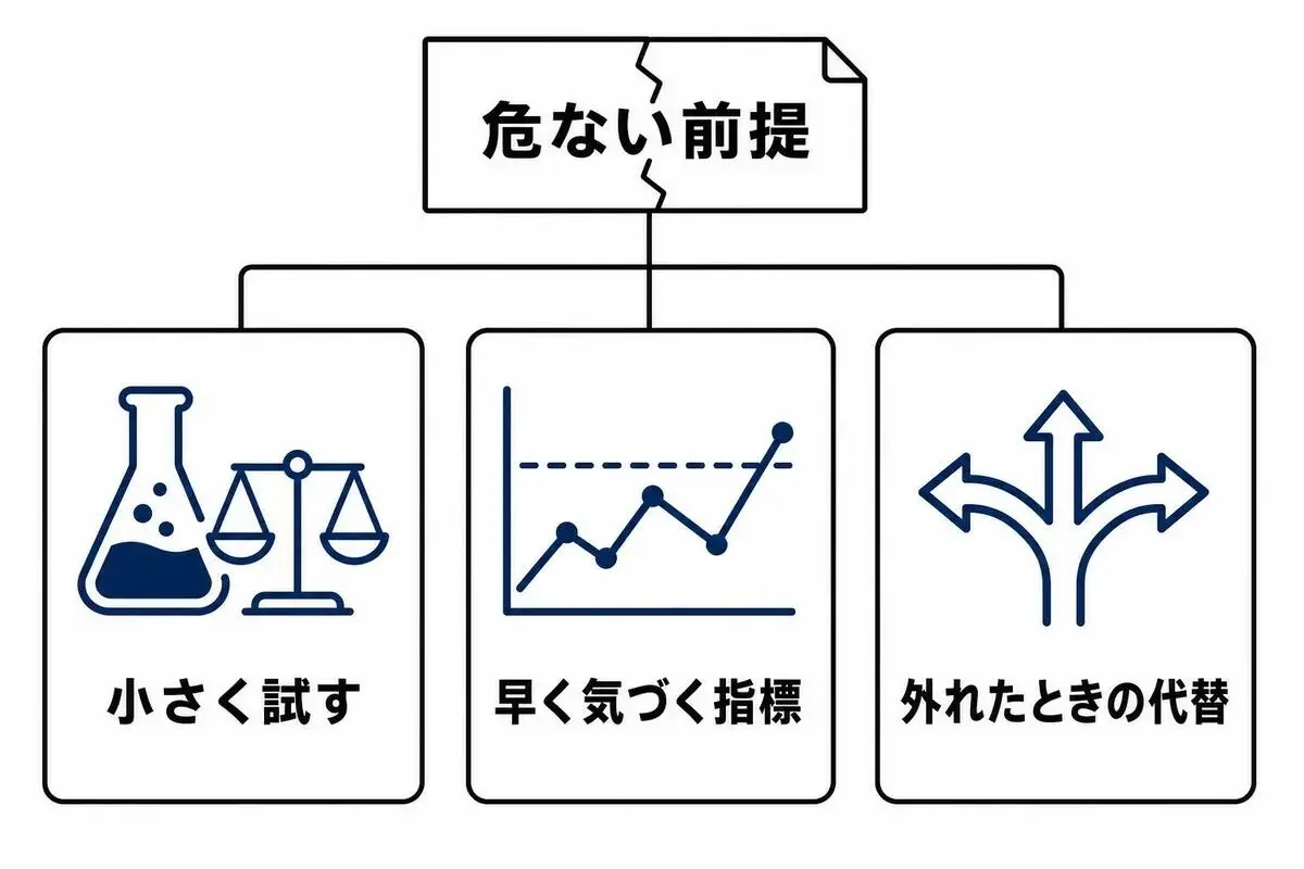 危ない前提に対する3種の手当て、小さく試す、早く気づく指標、外れたときの代替を3枚のカードで並べた図