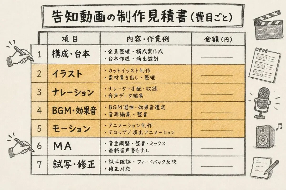 告知動画の見積書を費目ごとに分け、AIが埋めた行と人に残る行をアンバーで塗り分けた鉛筆スケッチの図解