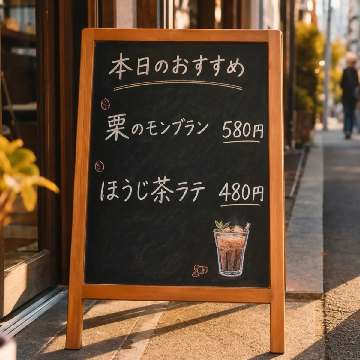 カフェの黒板メニュー。本日のおすすめ、栗のモンブラン580円、ほうじ茶ラテ480円の手書き文字