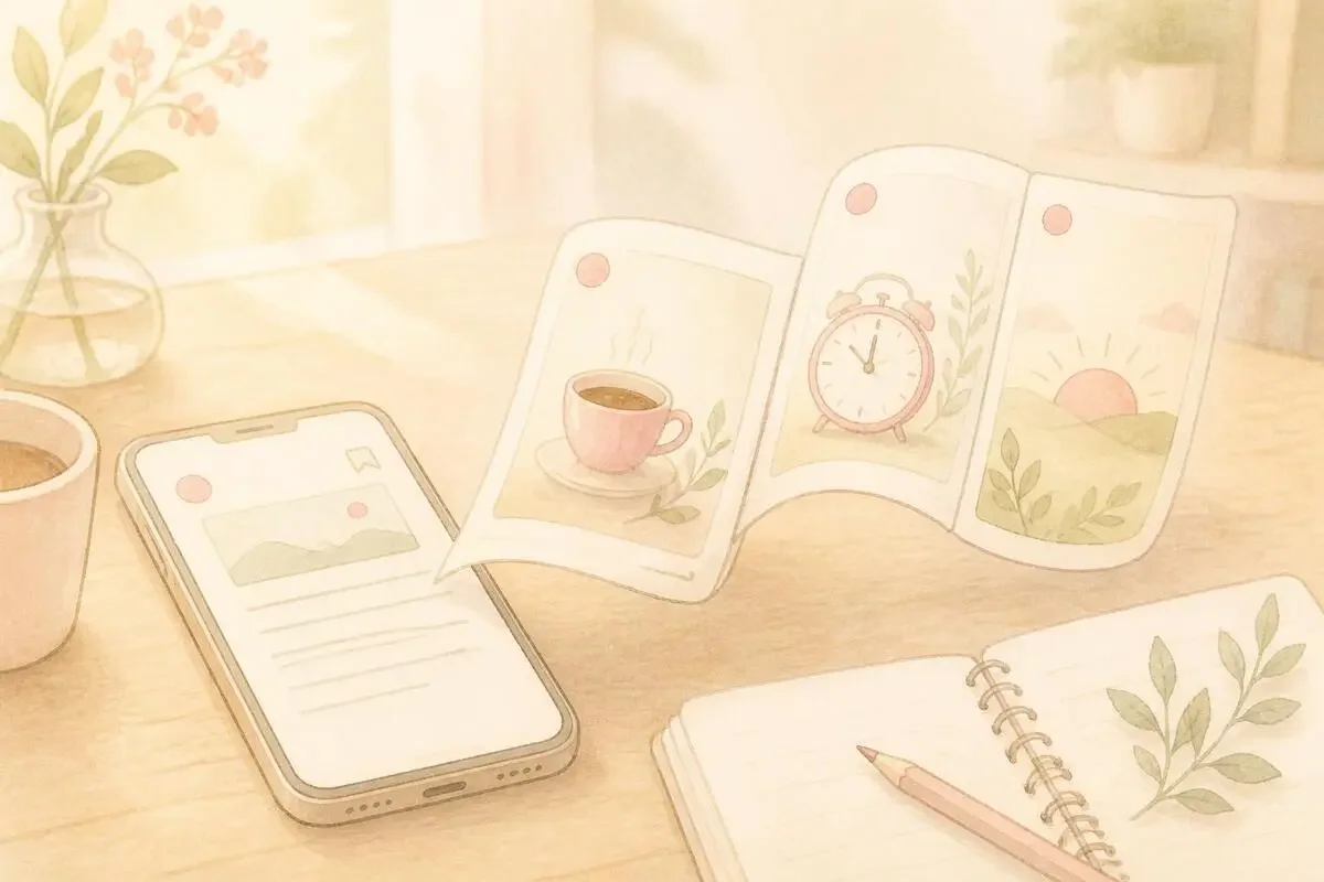 スマホに表示されたブログ記事から、縦長の動画のコマが何枚も流れ出していくイメージのイラスト