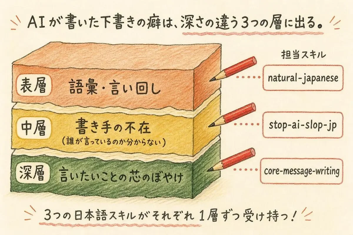 AI臭さが出る3つの層と、それぞれを受け持つ3本のスキルを対応させた図