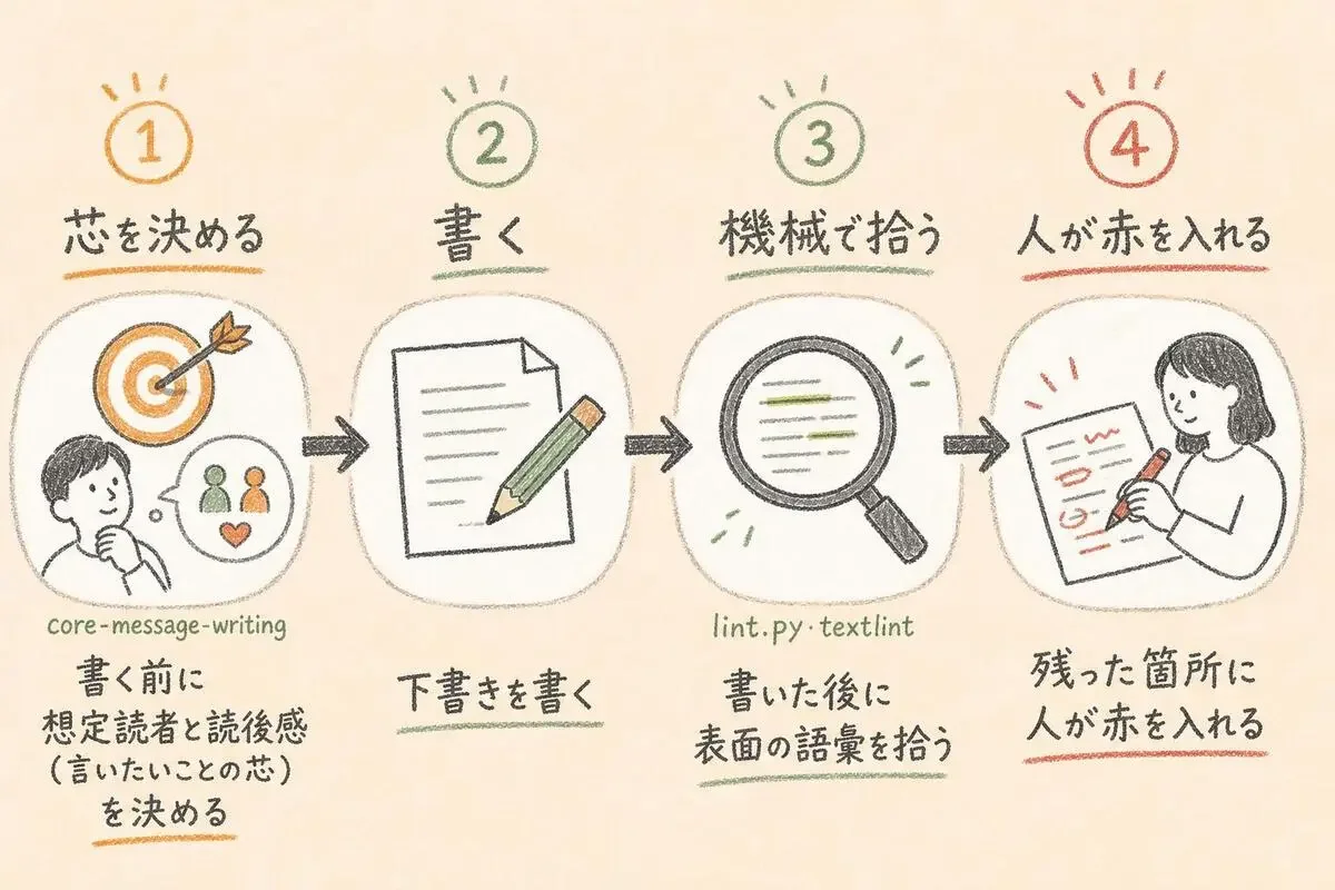 芯を決める、書く、機械で拾う、人が赤を入れる、の4段階を矢印でつないだ手描きのステップ図