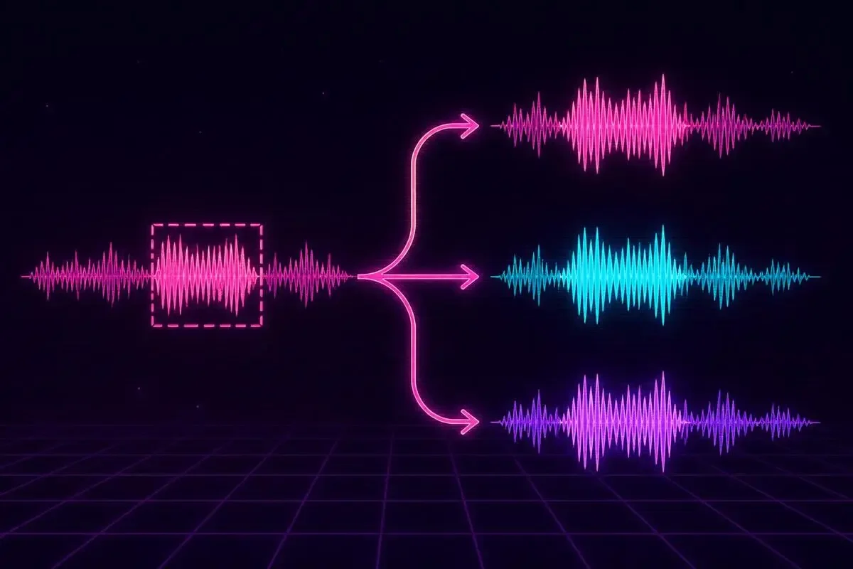 1本の音の波形からサビの部分だけが切り取られて別の波形に差し替わるイメージ