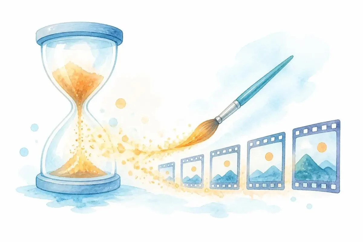 見る時間より作る時間が短くなった動画生成を砂時計と絵筆で表した水彩イラスト