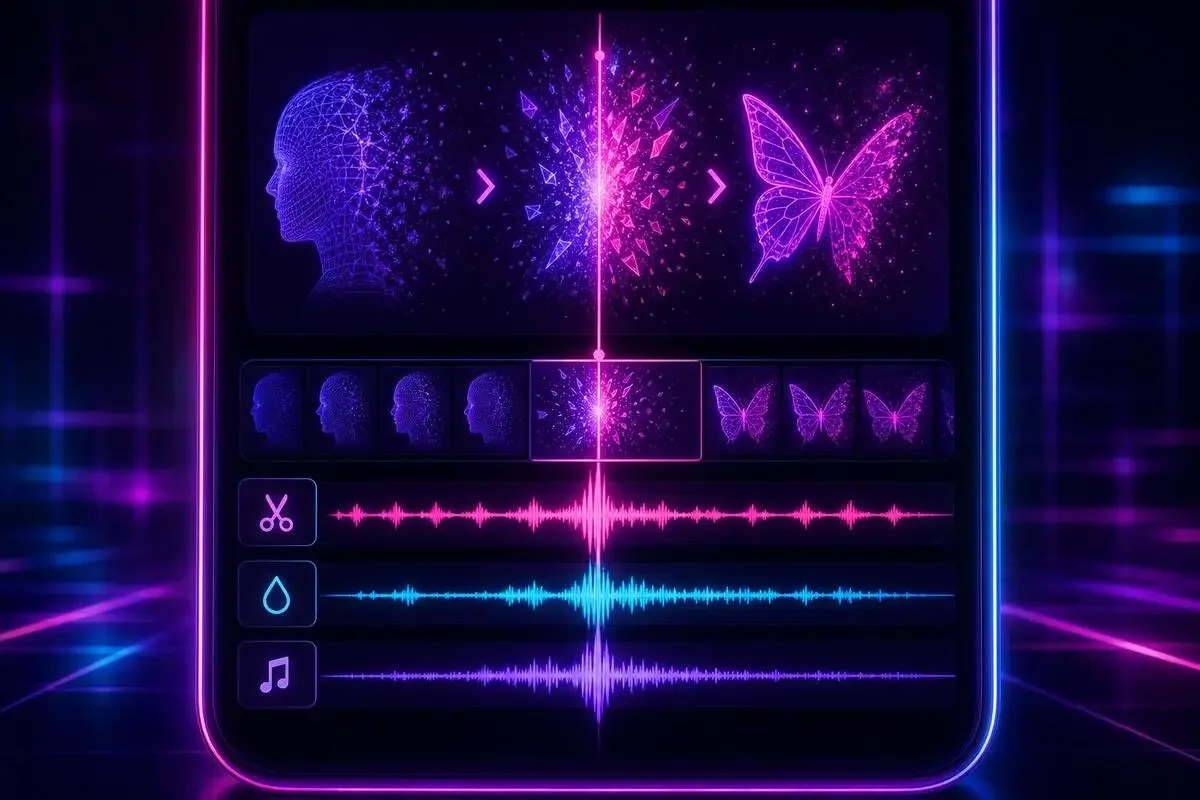 効果音とBGMの波形を変化の瞬間に合わせる編集画面のイメージ