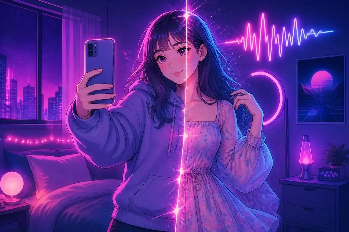 自撮り動画の人物はそのままに、服だけが別の衣装に置き換わっていくイメージ
