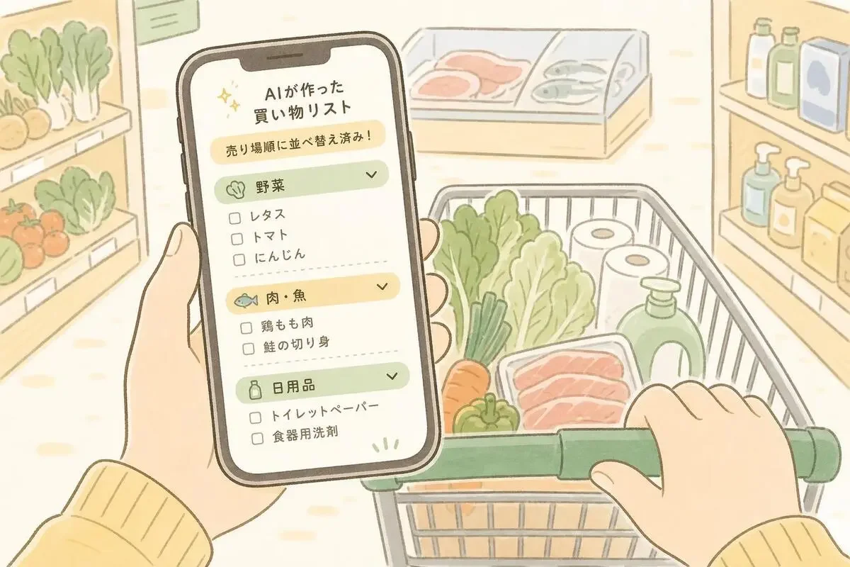 買い物リストを売り場順に並べ替えたスマホ画面のイメージ